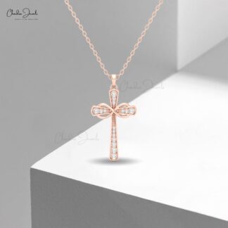 14k Solid Gold Cross Pendant with White Diamonds for Women