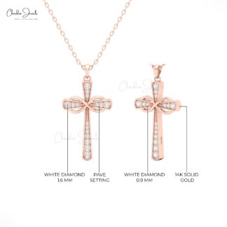 14k Solid Gold Cross Pendant with White Diamonds for Women