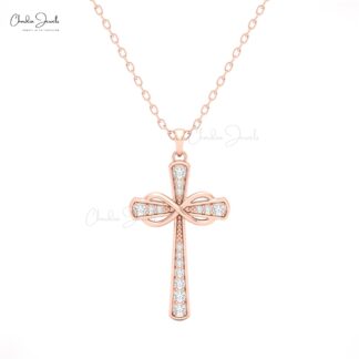 14k Solid Gold Cross Pendant with White Diamonds for Women