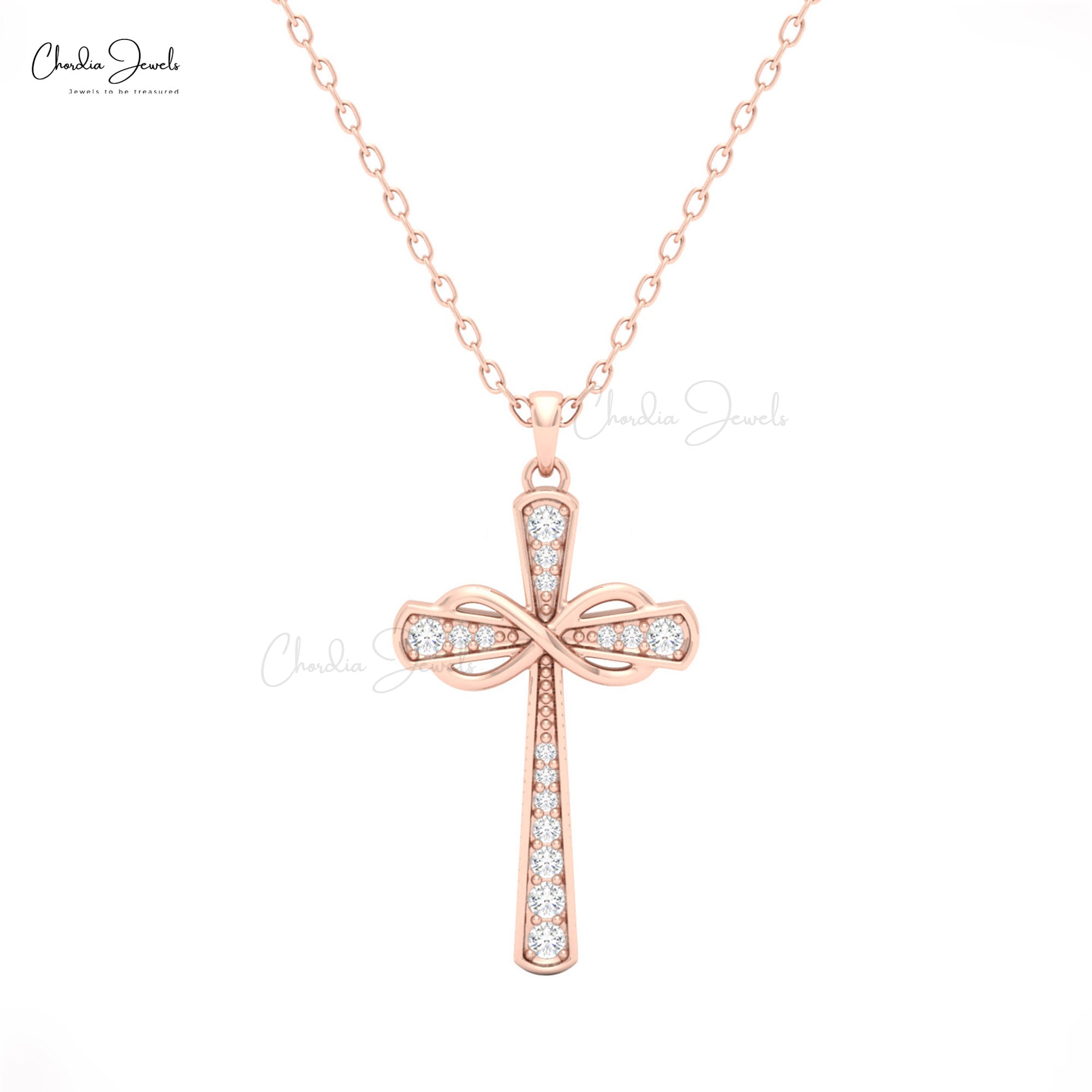 14k Solid Gold Cross Pendant with White Diamonds for Women