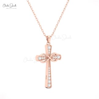 14k Solid Gold Cross Pendant with White Diamonds for Women