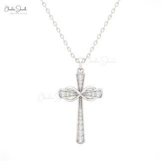 14k Solid Gold Cross Pendant with White Diamonds for Women