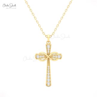14k Solid Gold Cross Pendant with White Diamonds for Women