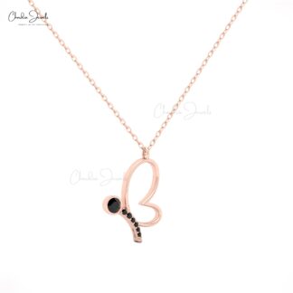 Butterfly Charm Necklace with Black Diamond in 14K Solid Gold