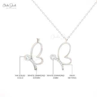 CJ Butterfly Charm Necklace with 16mm White Diamond in 14K Solid Gold