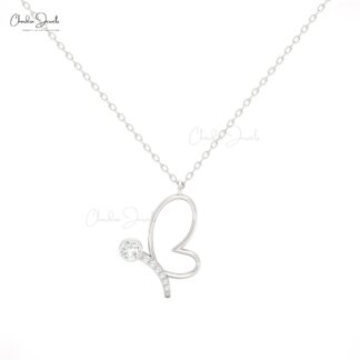 CJ Butterfly Charm Necklace with 16mm White Diamond in 14K Solid Gold