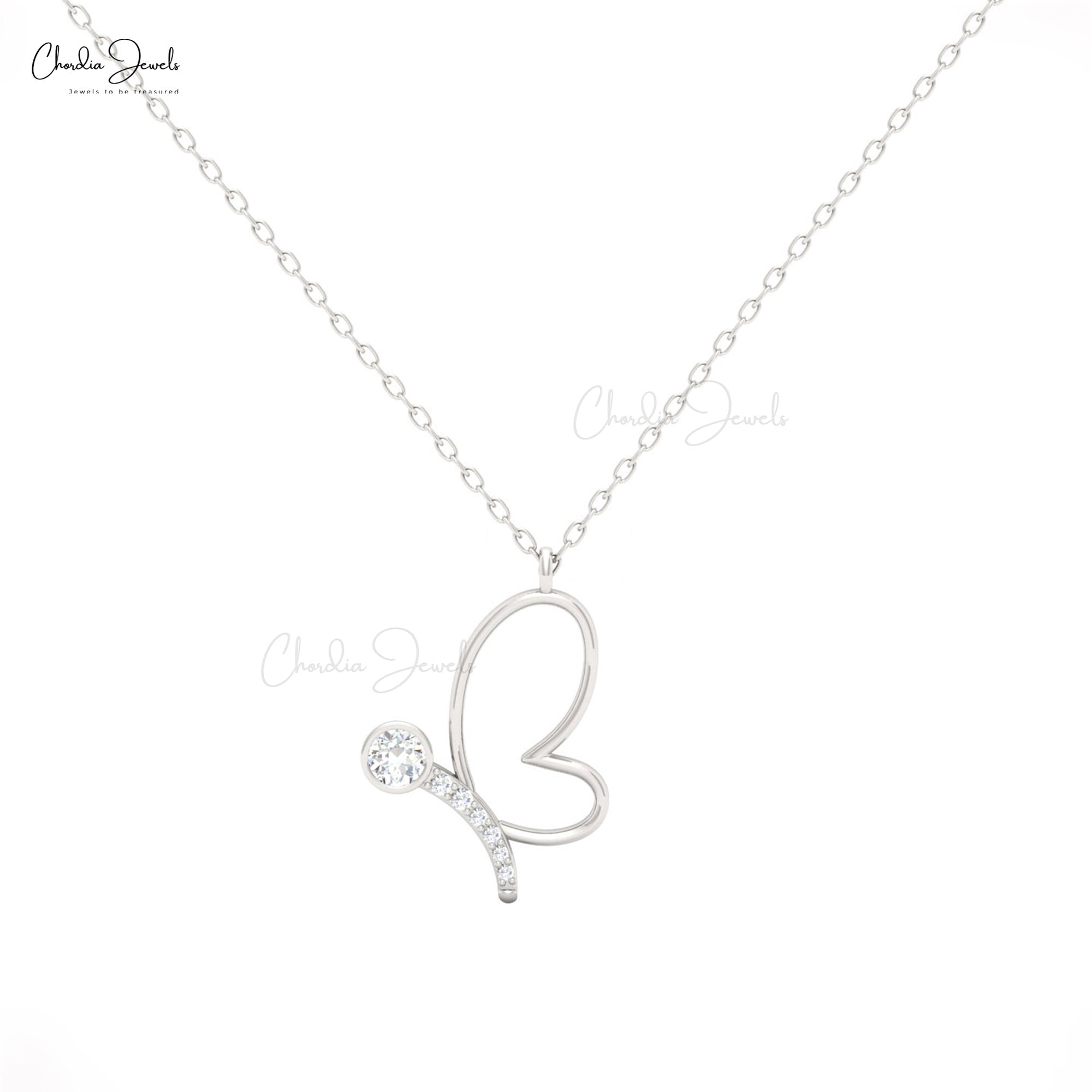 CJ Butterfly Charm Necklace with 16mm White Diamond in 14K Solid Gold