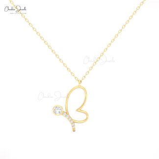CJ Butterfly Charm Necklace with 16mm White Diamond in 14K Solid Gold