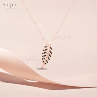 CJ AAA Leaf Pendant Necklace ? 14K Solid Gold with Black Diamonds