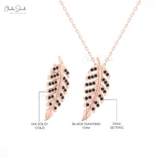 CJ AAA Leaf Pendant Necklace ? 14K Solid Gold with Black Diamonds