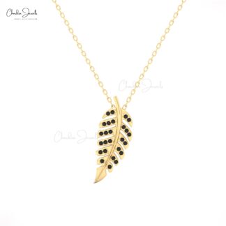 CJ AAA Leaf Pendant Necklace ? 14K Solid Gold with Black Diamonds