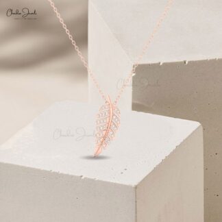 CJ Leaf Pendant Necklace ? 14K Solid Gold with White Diamonds