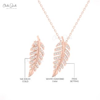 CJ Leaf Pendant Necklace ? 14K Solid Gold with White Diamonds