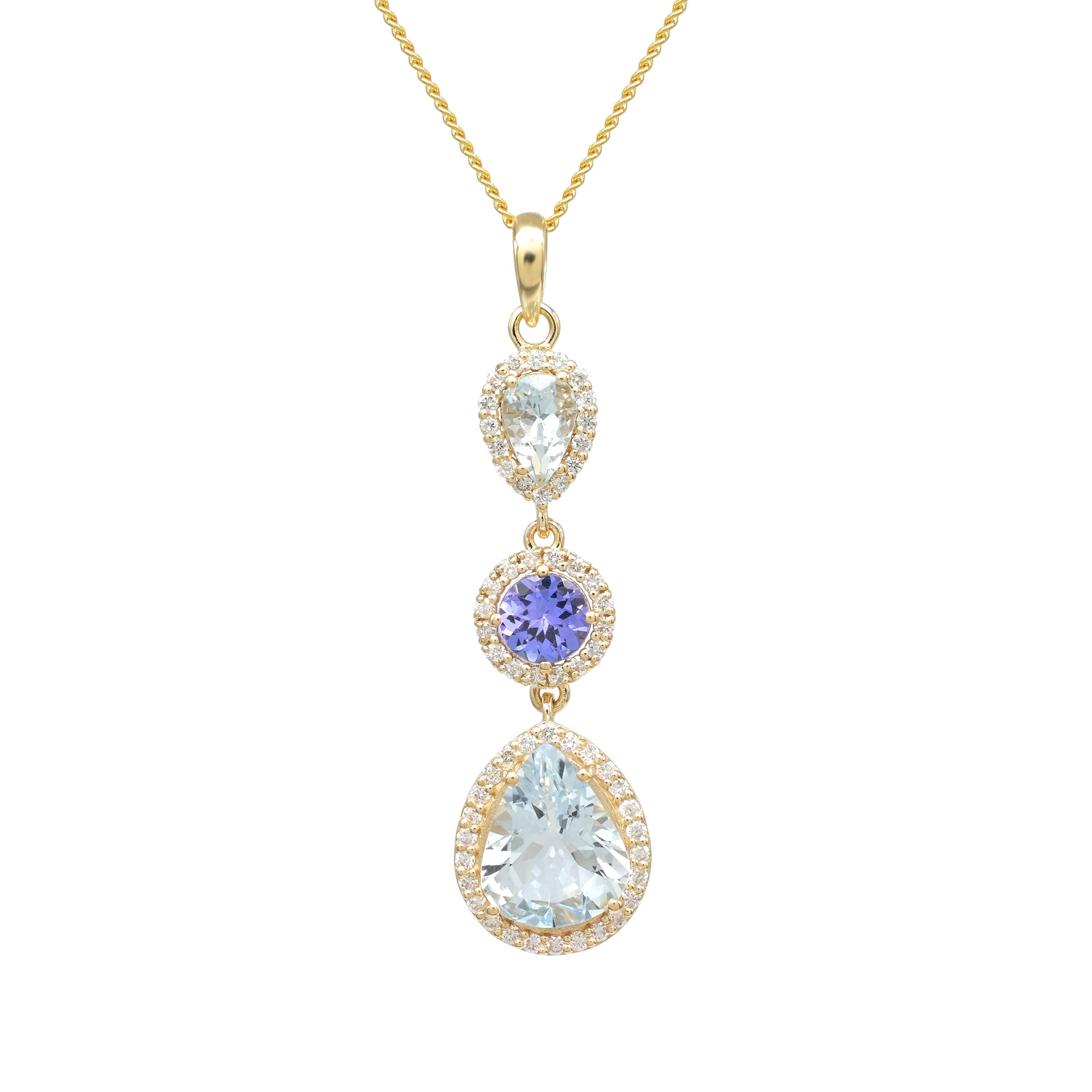 Triple Halo Diamond Verified Pendant In 14k Yellow Gold Aquamarine Tanzanite Dangle Necklace