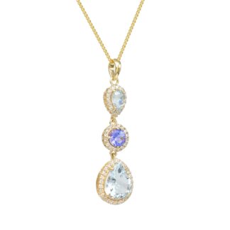 Triple Halo Diamond Verified Pendant In 14k Yellow Gold Aquamarine Tanzanite Dangle Necklace