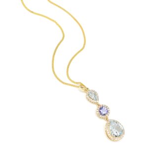 Triple Halo Diamond Verified Pendant In 14k Yellow Gold Aquamarine Tanzanite Dangle Necklace