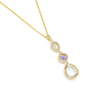 Triple Halo Diamond Verified Pendant In 14k Yellow Gold Aquamarine Tanzanite Dangle Necklace