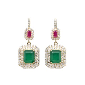 Dangle Halo Diamond Earring In 14k Yellow Gold Emerald And Ruby IGI Verified Bridal Earrings