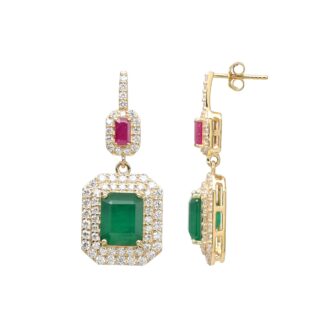 Dangle Halo Diamond Earring In 14k Yellow Gold Emerald And Ruby IGI Verified Bridal Earrings