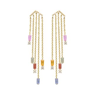 Dangle Chain Certified Earring With 4x2mm Multi Sapphire Diamond 14k Yellow Gold Earrings