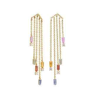 Dangle Chain Certified Earring With 4x2mm Multi Sapphire Diamond 14k Yellow Gold Earrings