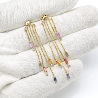 Dangle Chain Certified Earring With 4x2mm Multi Sapphire Diamond 14k Yellow Gold Earrings