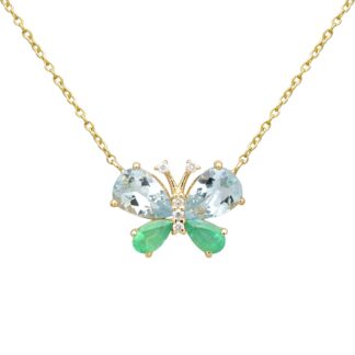 Pear Aquamarine Butterfly Necklace In 14k Yellow Gold Emerald G-H Diamond Verified Jewelry