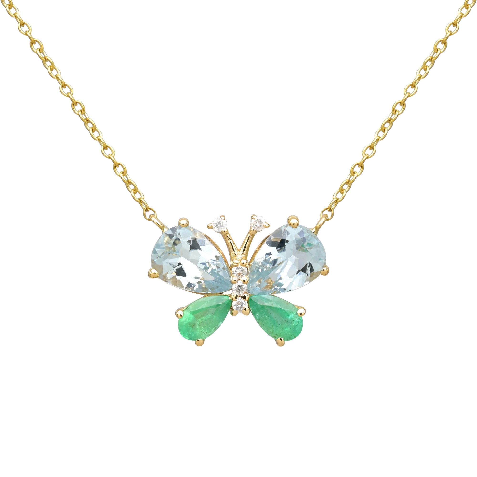 Pear Aquamarine Butterfly Necklace In 14k Yellow Gold Emerald G-H Diamond Verified Jewelry