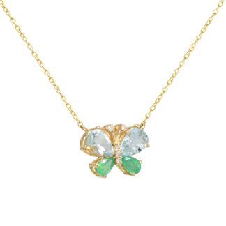 Pear Aquamarine Butterfly Necklace In 14k Yellow Gold Emerald G-H Diamond Verified Jewelry