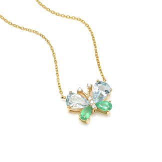 Pear Aquamarine Butterfly Necklace In 14k Yellow Gold Emerald G-H Diamond Verified Jewelry