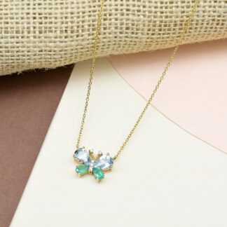 Pear Aquamarine Butterfly Necklace In 14k Yellow Gold Emerald G-H Diamond Verified Jewelry