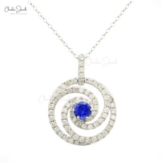 Swirl Diamond Halo Pendant With 6mm Tanzanite Prong Set In 14k White Gold Spiral Pendants