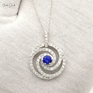 Swirl Diamond Halo Pendant With 6mm Tanzanite Prong Set In 14k White Gold Spiral Pendants