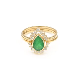 Genuine Emerald Trio Halo Band In 14k Yellow Gold Diamond IGI Verified Wedding Ring