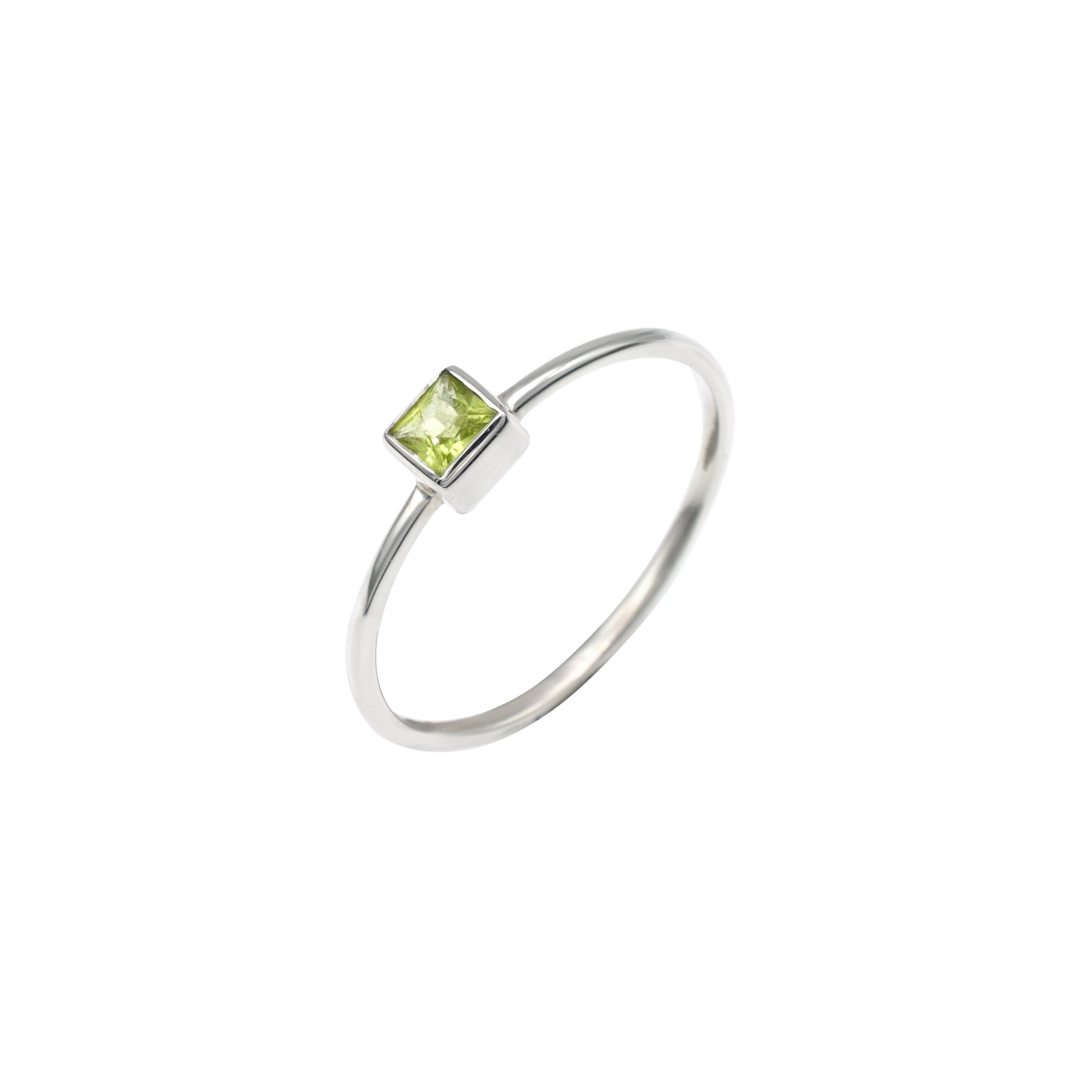 Single Square Cut Ring With 3mm Peridot Gemstone Bezel Set In 925 Solid Silver Ring