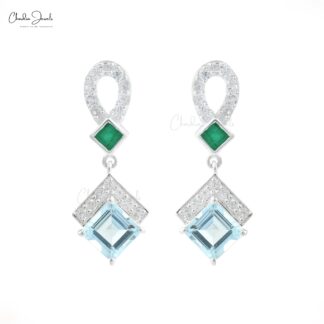 Square Emerald And Aquamarine Dangle Earring With Zircon Earrings In 925 Sterling Silver