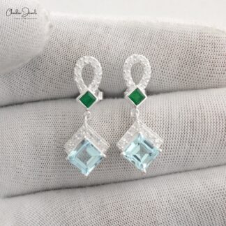 Square Emerald And Aquamarine Dangle Earring With Zircon Earrings In 925 Sterling Silver