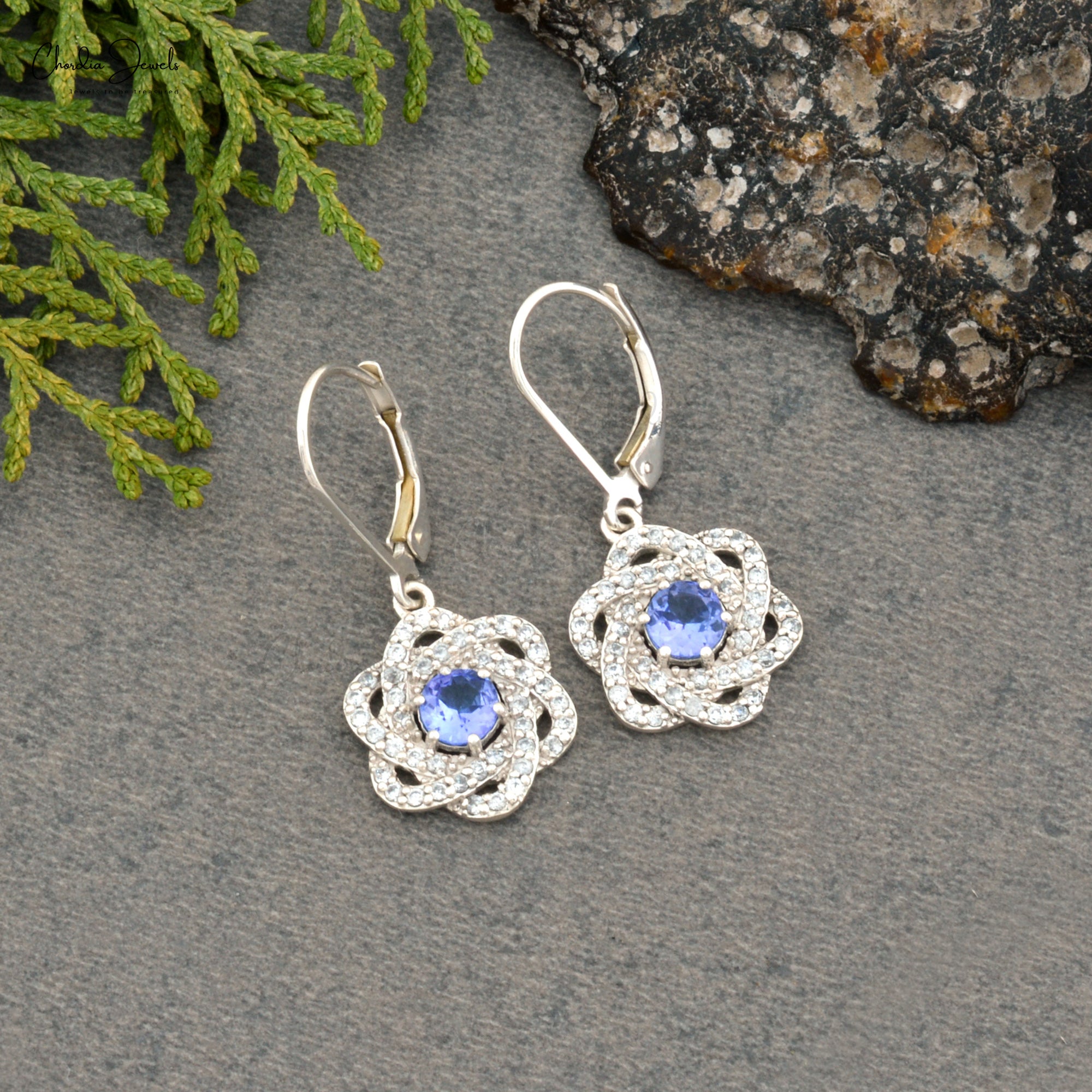 AAA Tanzanite Floral Dangle Earring In 925 Sterling Silver Zircon Lever Back Earrings