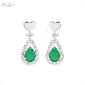 Halo Danglers Earring In 925 Sterling Silver Emerald 7x5mm Gemstone And Zircon Earrings