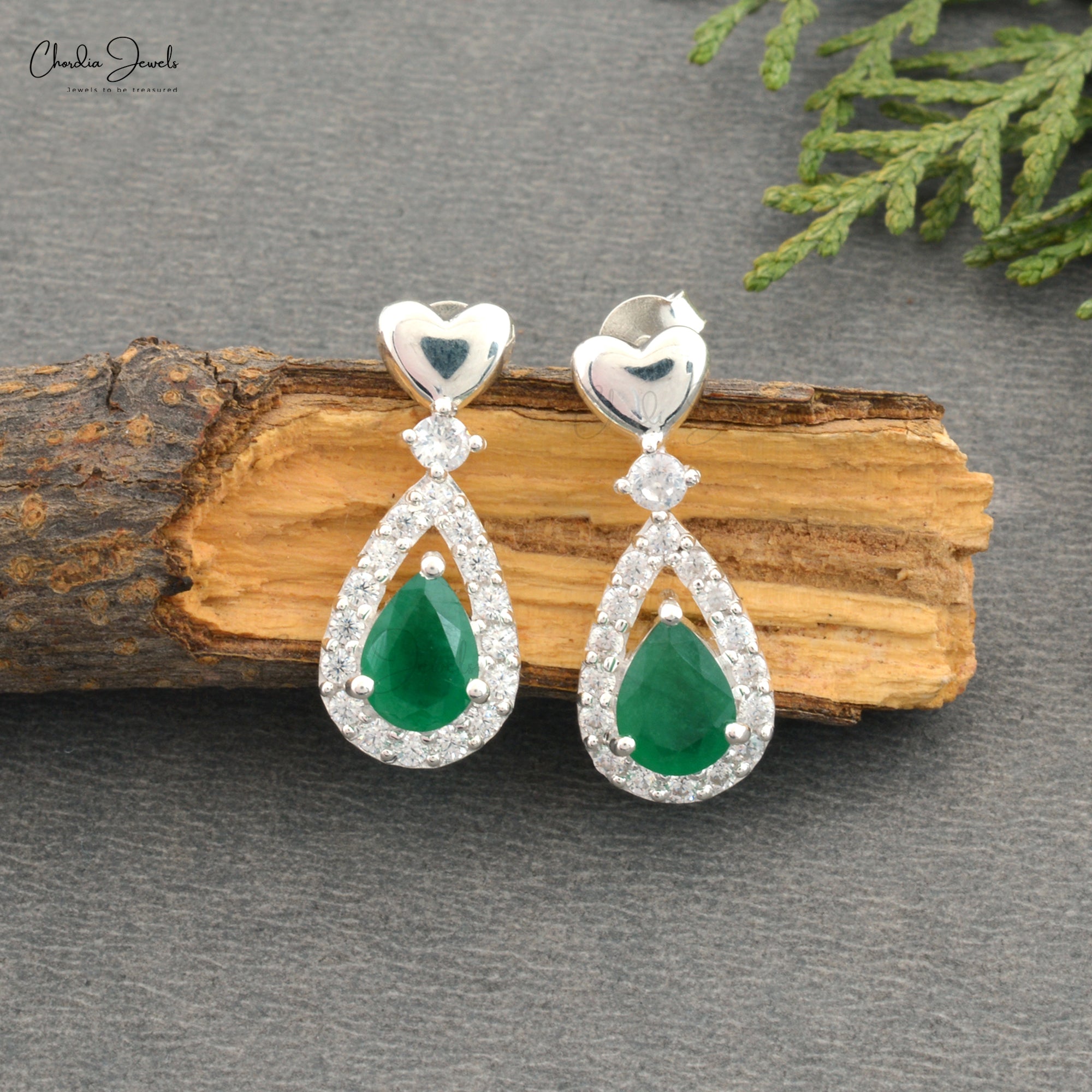 Halo Danglers Earring In 925 Sterling Silver Emerald 7x5mm Gemstone And Zircon Earrings