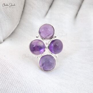 Round Cabochon Amethyst 925 Sterling Silver 4 Stone Proposal Ring