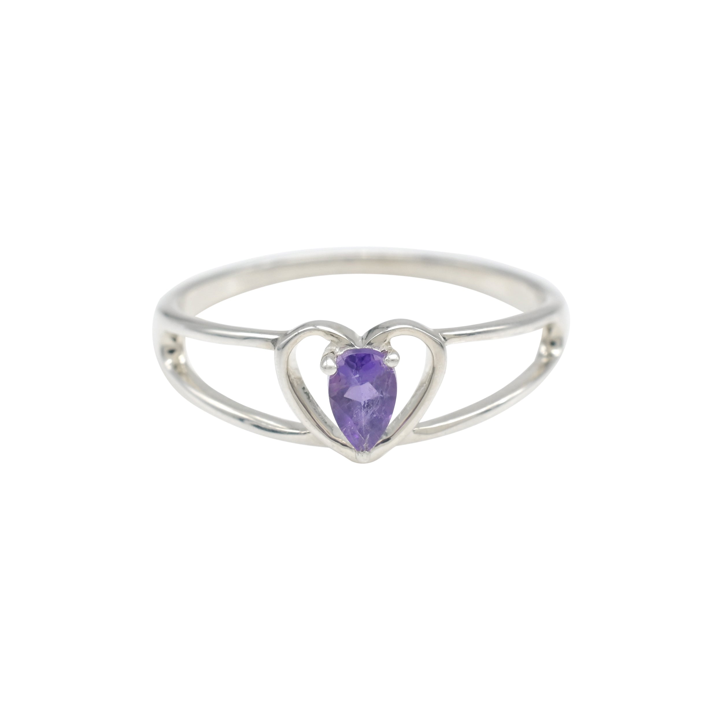 Heart Shape Sterling Silver Ring With 5x3mm Amethyst Gemstone Dainty Love Rings