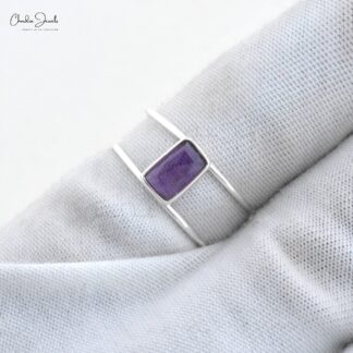 Top Quality Amethyst 8x6mm Rectangle Faceted Flat Back Women Ring In 925 Sterling Silver