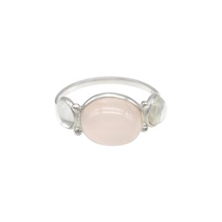 Top Quality 6 Ct Rose Quartz Cabochon And White Topaz Trio Ring In 925 Solid Silver