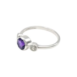 Round Amethyst 6mm Gemstone Bezel Set In 925 Sterling Silver Zircon 3 Stone Ring