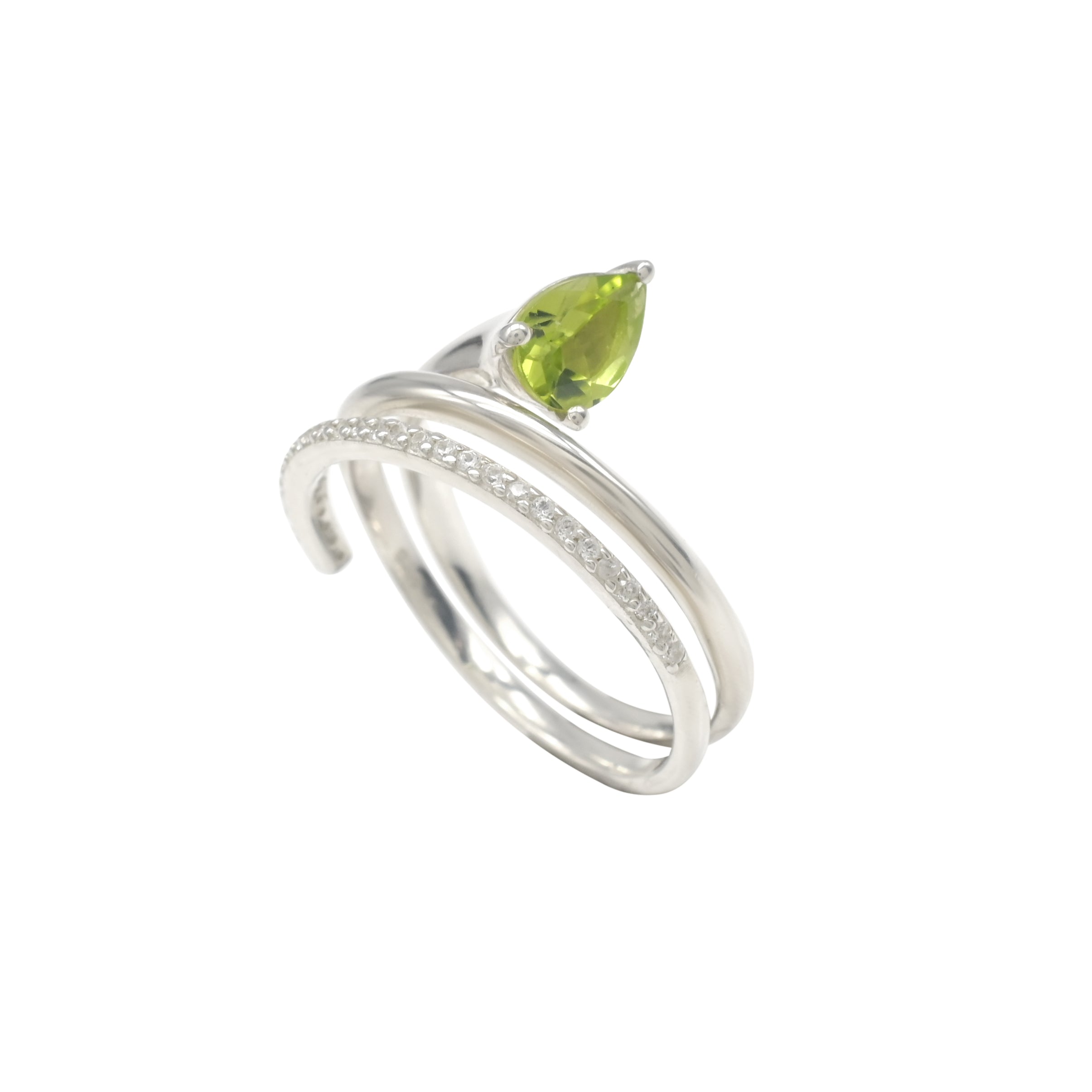 Pear Cut Swirl Zircon Ring With 7x5mm Peridot Gemstone Sterling Silver Unique Ring