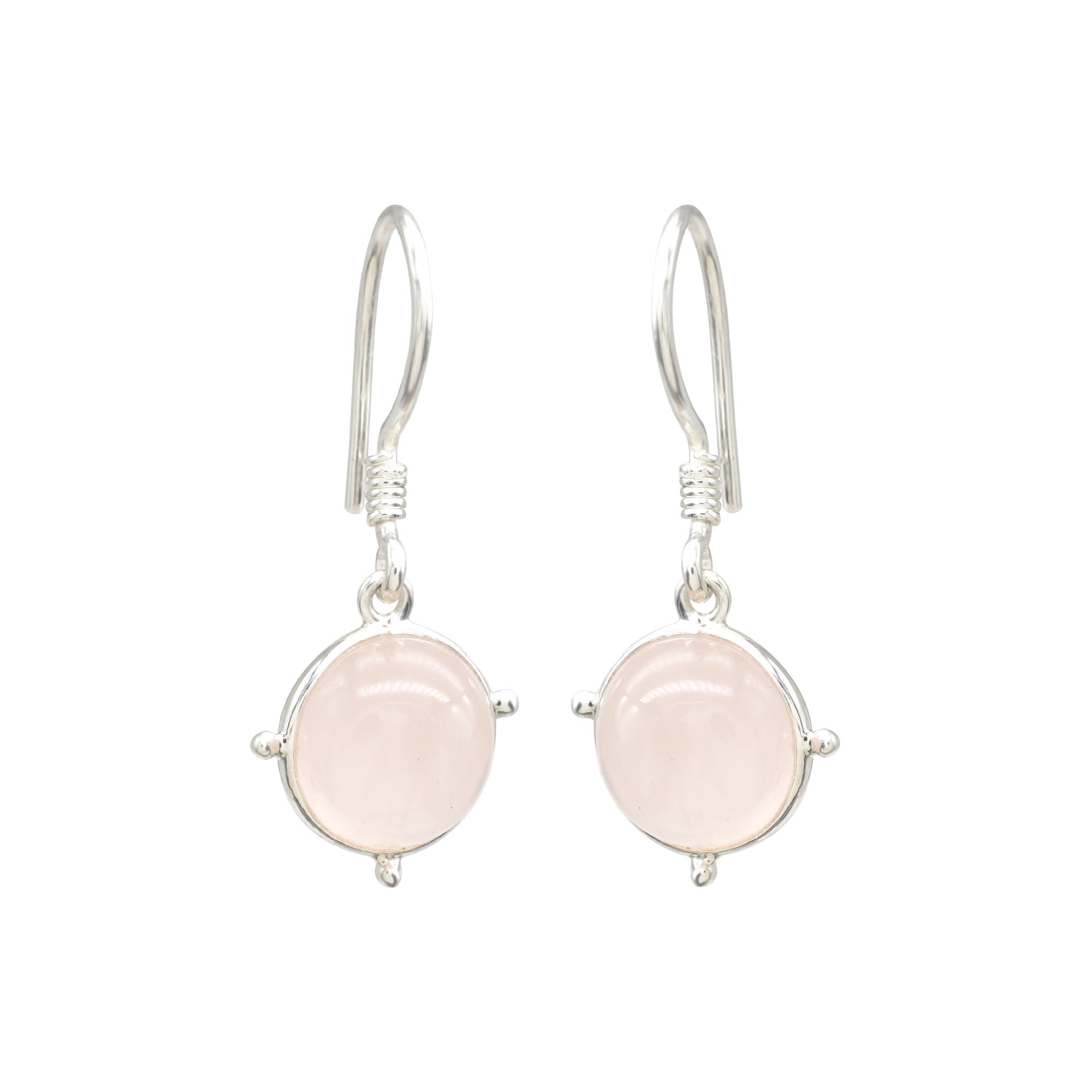 High Quality Rose Quartz Round Cabochon Dangle Earrings In 925 Sterling Silver