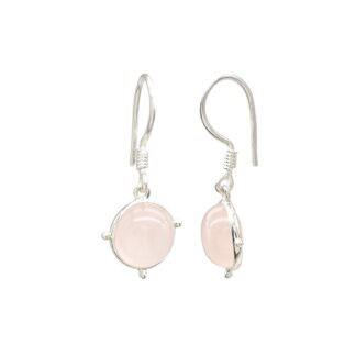 High Quality Rose Quartz Round Cabochon Dangle Earrings In 925 Sterling Silver