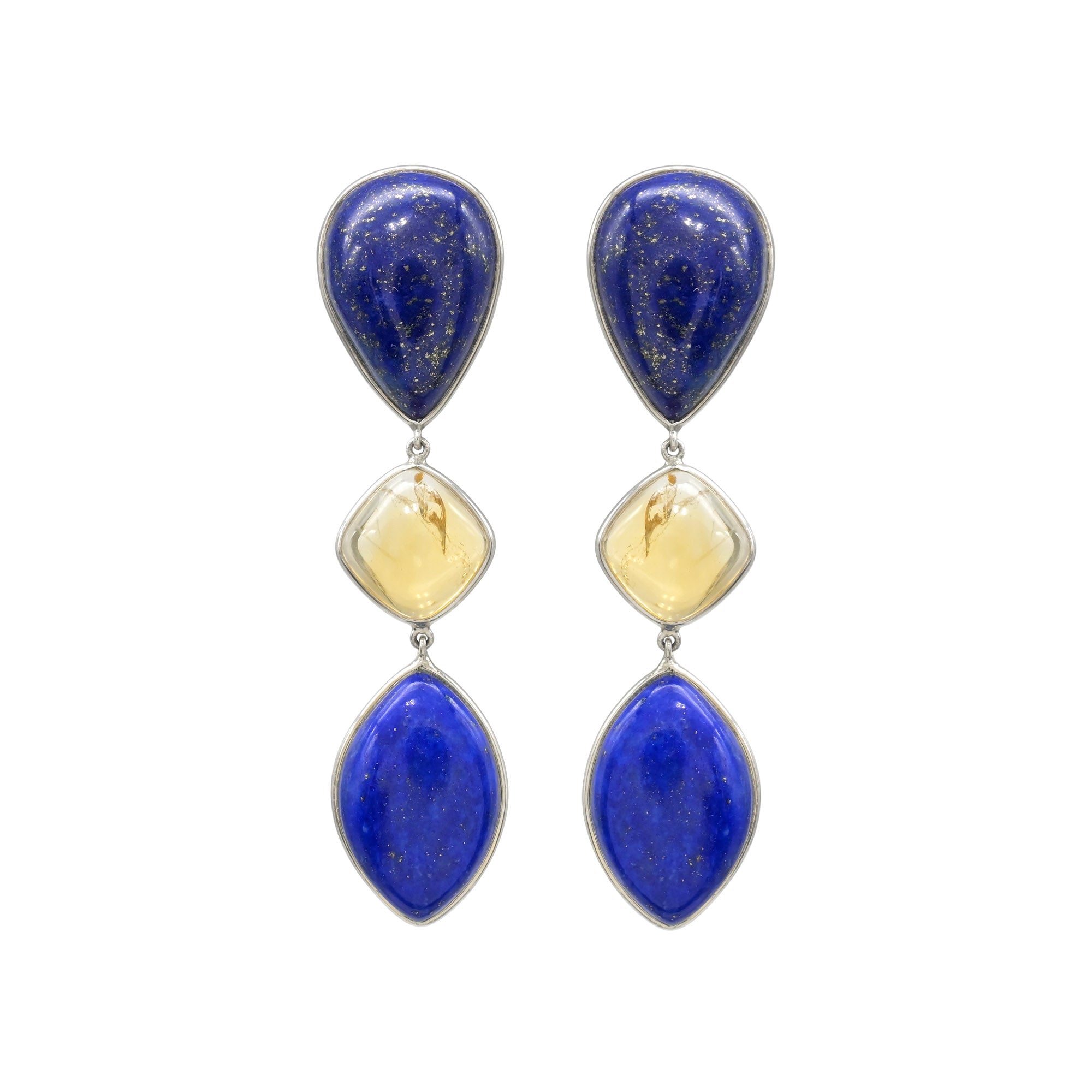 Triple Stone Dangle Earrings In 925 Silver Lapis Lazuli And Citrine Gemstone Earrings