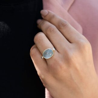 Statement 3 Stone Ring In Real 14k Yellow Gold Aquamarine 8.65 Ct Oval And Diamond Rings